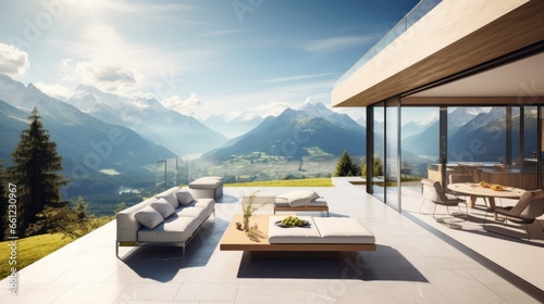 Scene of a modern villa with a rooftop terrace overlooking majestic mountain ranges, providing a stunning alpine panorama © Damian Sobczyk