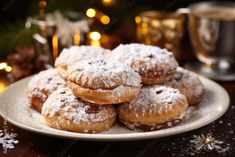 A plate of golden, flaky mince pies, dusted with a sprinkle of confectioner's sugar A plate of golden, flaky mince pies, dusted with a sprinkle of confectioner's sugar