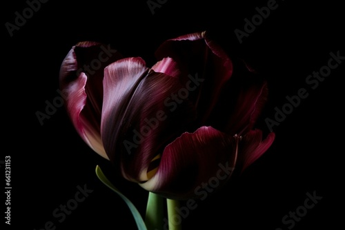 Close-up of a dark tulip against a black backdrop. Generative AI