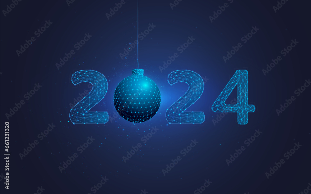 postcard concept hanging Christmas toy and numbers 2024 New Year