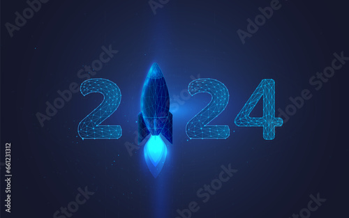 happy new year 2024 rocket symbol of ideas in the coming year. rocket .good idea for start startup .abstract geometric background. wireframe. plexus. isolated. vector illustration. triangle. isolated