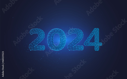 2024 New Year illustration made by points and lines, polygonal wireframe mesh on night sky, dark blue background. Low poly greeting card. Vector illustration. plexus style. triangle . dots