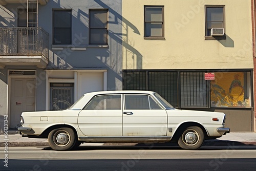 A white sedan car on a city street viewed from the side. Generative AI © Caspian