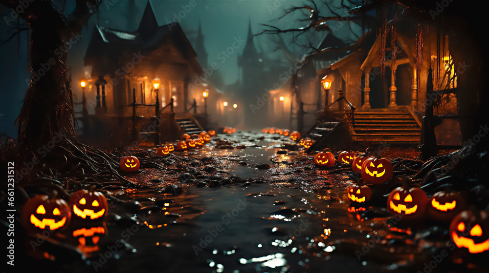 Halloween Haunted town at night. horror atmosphere. Pumpkins, candles, gloomy atmosphere. Dark and mistery mood. Hounted house.