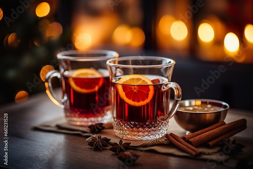 A steaming mug of spiced mulled wine  garnished with a twist of orange peel and a cinnamon stick