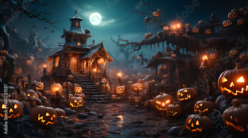 Halloween Haunted town at night. horror atmosphere. Pumpkins  candles  gloomy atmosphere. Dark and mistery mood. Hounted house.