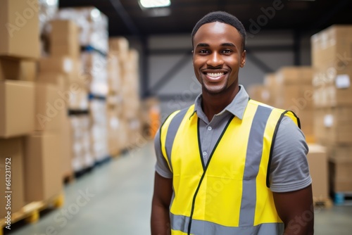 Warehouse worker in bright yellow uniform photo