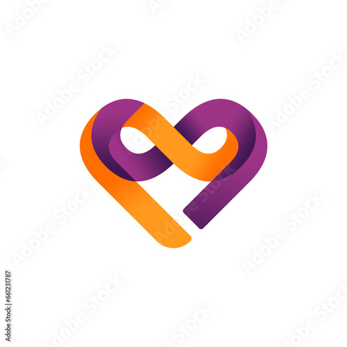 Illustration vektor graphic of heart shaped logo and like an infinitely shaped eye and initial s, purple and orange color