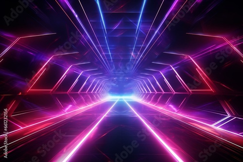 Futuristic tunnel with neon lights, glowing laser beams, spaceship, and alien elements. Generative AI