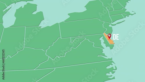 Mapa de los Estados Unidos de América con división política resaltando el estado de Delaware photo