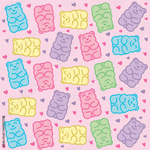 Rich collection of delicious bears with gelatin gummy bears, Pattern of colorful gummy bears with hearts