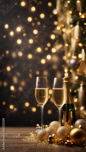 New years eve celebration background with champagne. Backdrop with copy space