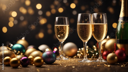New years eve celebration background with champagne. Backdrop with copy space