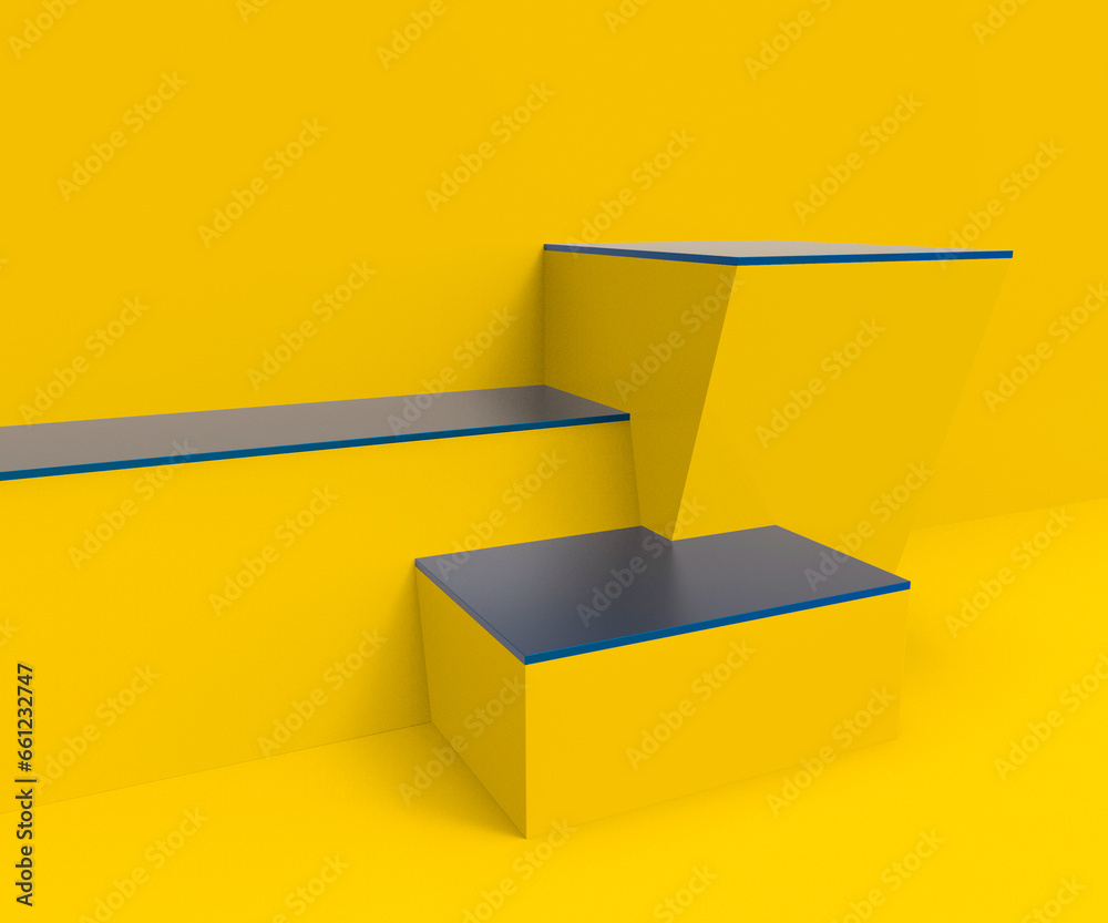 Isometric minimalistic view of podium with 3D empty shelf for product presentation.