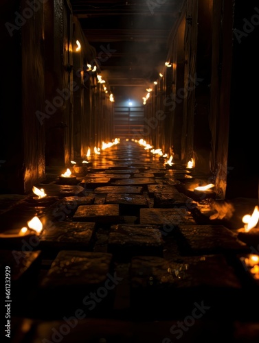 Stone tunnel in fantasy style  mystical catacombs illuminated by fire AI