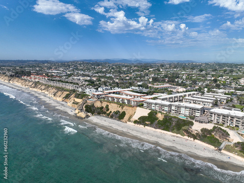 Aerial view of Del Mar Shores, California coastal cliffs and House with blue Pacific ocean. San Diego County, California, USA