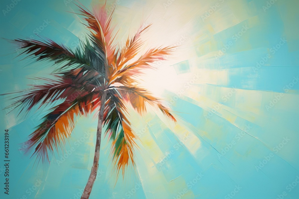 A dancing palm tree in the sun against a turquoise backdrop, creating feelings of bliss and relaxation. Generative AI