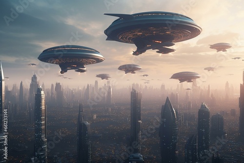 Futuristic spaceships glide above an extraterrestrial metropolis. Generative AI