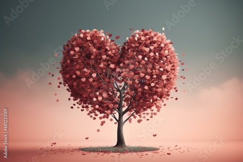Heart-shaped tree with leaves on a background, symbolizing Valentine's Day and love. Generative AI © Kazimir