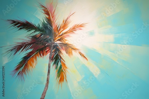 A dancing palm tree in the sun against a turquoise backdrop, creating feelings of bliss and relaxation. Generative AI © Azura