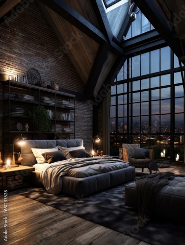 Cozy apartment dark bedroom in loft style AI