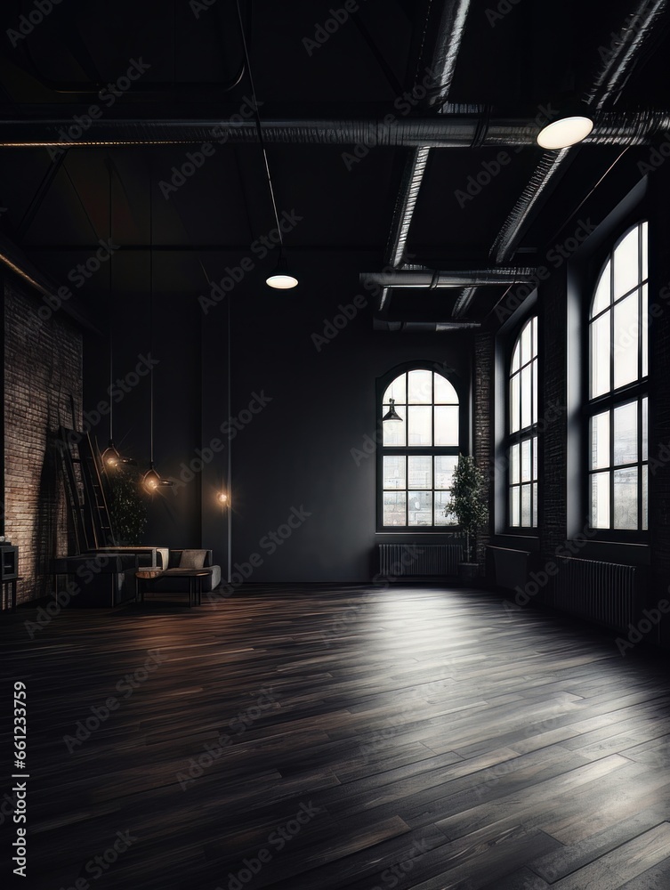Empty dark interior in loft style with panoramic windows AI