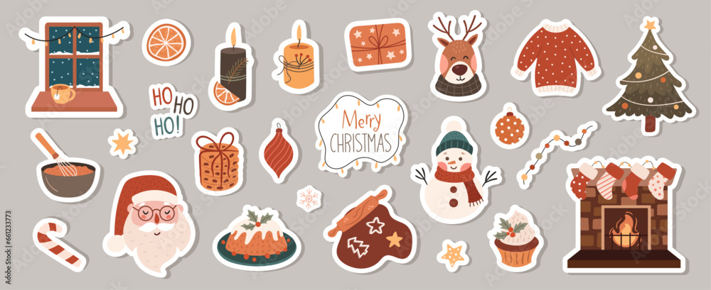 A set of Christmas stickers with characters and cozy things A set of Christmas stickers with characters and cozy things