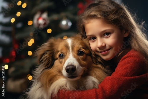 Girl with dog in christmas living room