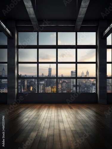 Empty dark interior in loft style with panoramic windows AI