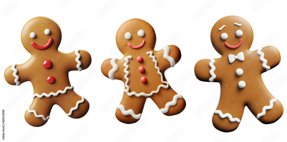 Naklejka premium Realistic 3D Gingerbread Man Set for a Merry Christmas and Happy New Year on transparent background - Generative AI