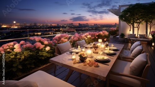 Rooftop's view of a blossoming landscape, with vibrant flowers and the gentle breeze, creating a tranquil and fragrant atmosphere