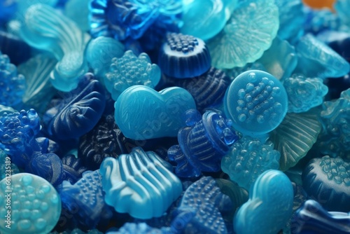 Various blue candy gummies that are jelly and sweet. Generative AI