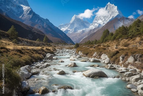 Scenic Khumbu mountains in Nepal near water. Generative AI photo