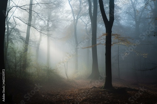 Foggy woodland scene with misty morning atmosphere, featuring trees and smoke. Generative AI