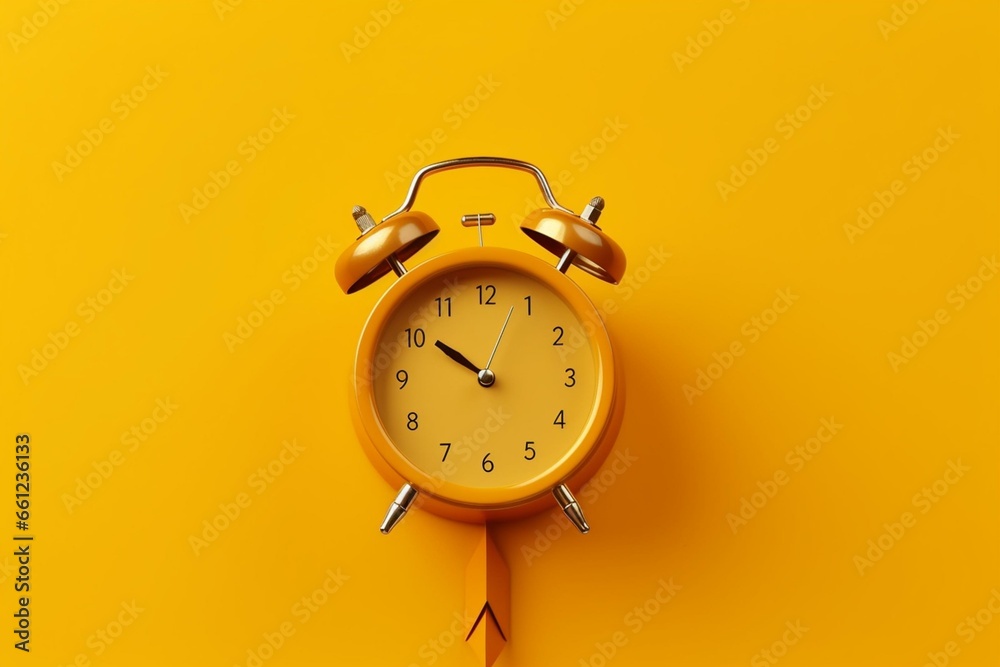 Golden retro alarm clock on yellow background with arrow. Generative AI - obrazy, fototapety, plakaty 