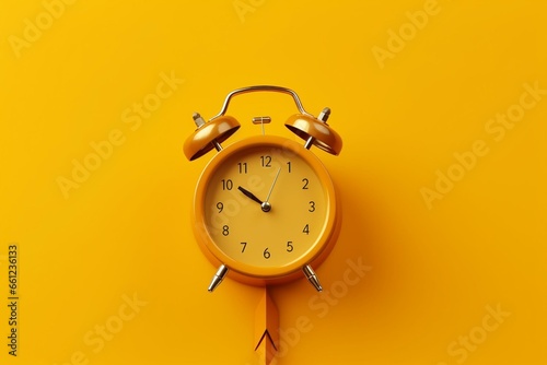 Golden retro alarm clock on yellow background with arrow. Generative AI