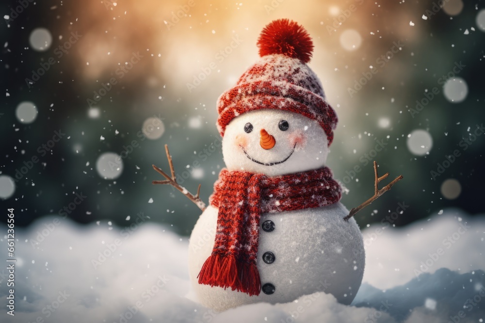 Fairytale snowman on winter landscape background
