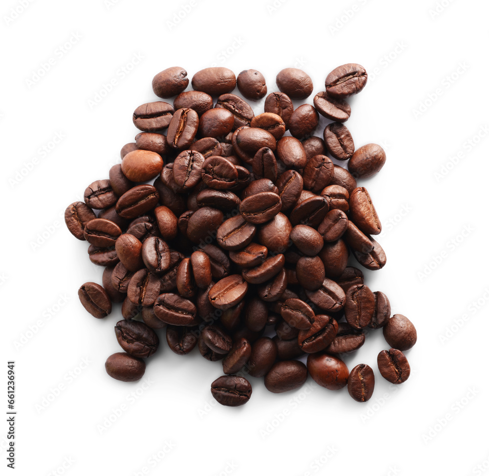 Pile of roasted coffee beans isolated on white, top view Pile of roasted coffee beans isolated on white, top view