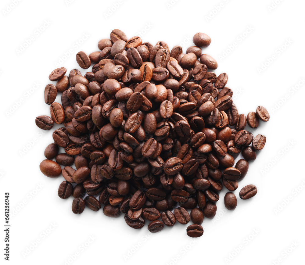 Pile of roasted coffee beans isolated on white, top view Pile of roasted coffee beans isolated on white, top view