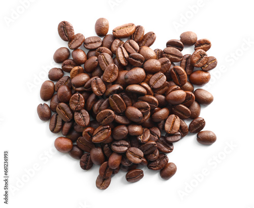 Pile of roasted coffee beans isolated on white  top view