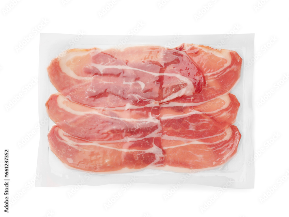 Pack of delicious sliced jamon isolated on white, top view Pack of delicious sliced jamon isolated on white, top view