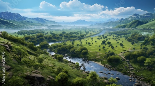 Beautiful view to main valley, river and vegetation in the background game art © Damian Sobczyk
