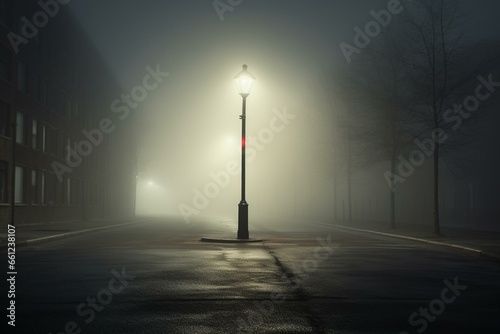 A misty urban road with a lamppost in the center and a distant building obscured by fog. Generative AI