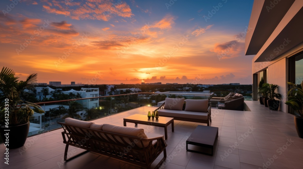Depict the rooftop of a modern villa as the perfect vantage point for witnessing breathtaking sunsets that paint the sky in vibrant hues