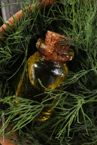 Bottle of essential oil and fresh dill in bowl, top view © New Africa
