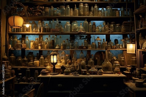 Cluttered shelves holding intriguing antique objects, jars, and pictures illuminated by a dim lamp. Generative AI