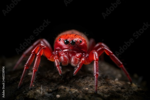 Close-up of a crimson spider on a dark backdrop. Generative AI