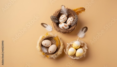 Top view of the small nest with soft feathers and quail eggs inside on beige background wtih copy space