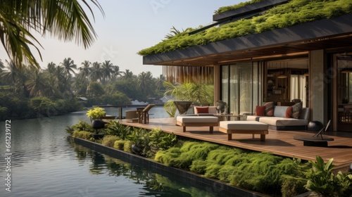 Envision the villa's rooftop view of a tranquil lake, its waters reflecting the sky, surrounded by lush greenery and the peaceful ambiance © Damian Sobczyk