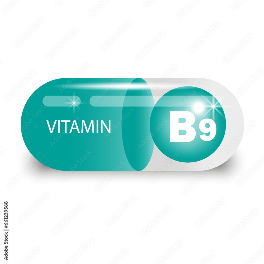 Vitamin B9 in green capsule. Health pill. Vector illustration. EPS 10.